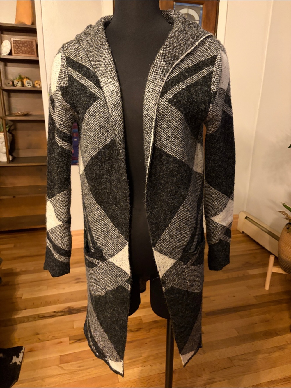 Naturals Reflections - open Front Hooded Geometric Knit Cardigan Sweater